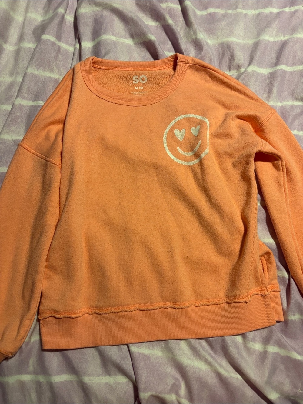 SO Girls Orange Crewneck Sweatshirt with White Heart-Eyes Smile Graphic